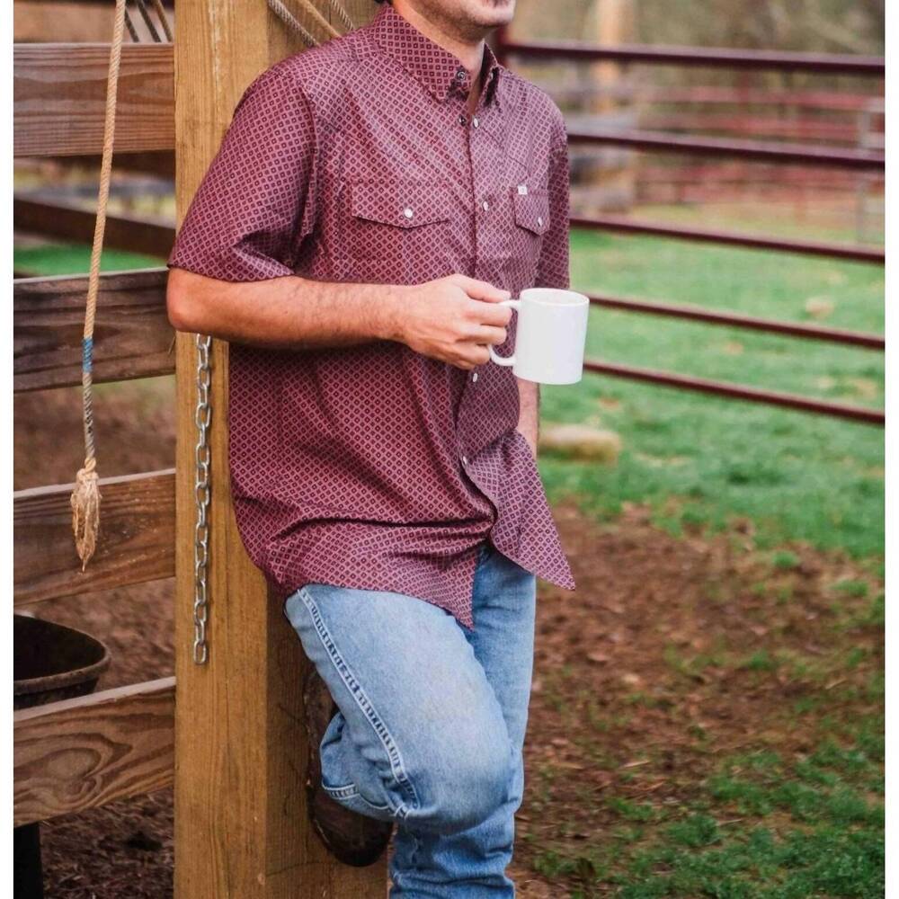 NEW FERRELL nicholas pearl snap short sleeve shirt in burgundy